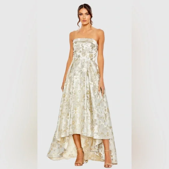 NWT IEENA FOR MAC DUGGAL SZ 10 WHITE/GOLD STRAPLESS BROCADE FLORAL DRESS #49619 - Picture 1 of 9